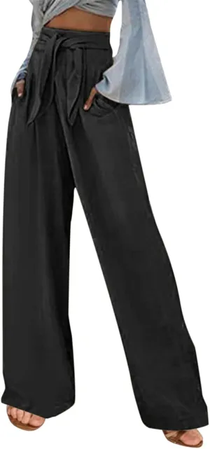 Womens Linen Summer Trendy Pants High Waist Straight Slim Fit Pants Beach