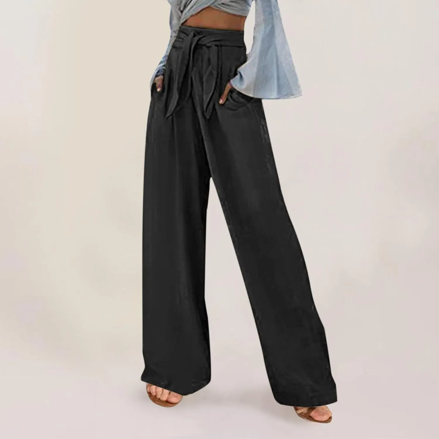 Womens Linen Summer Trendy Pants High Waist Straight Slim Fit Pants Beach
