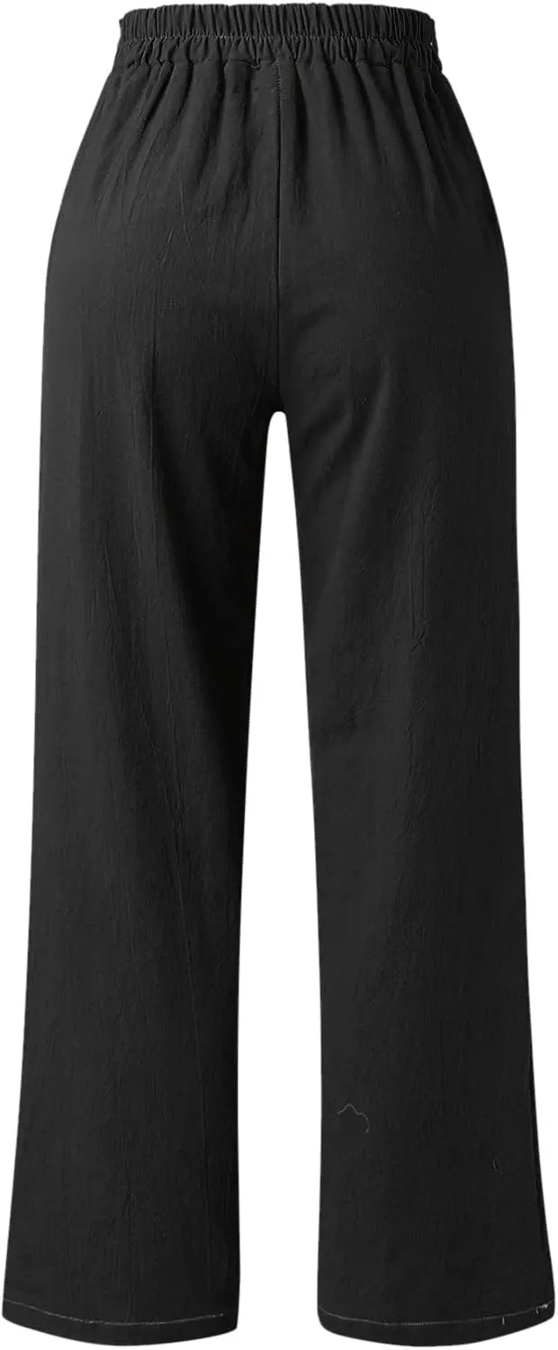 Womens Linen Summer Trendy Pants High Waist Straight Slim Fit Pants Beach
