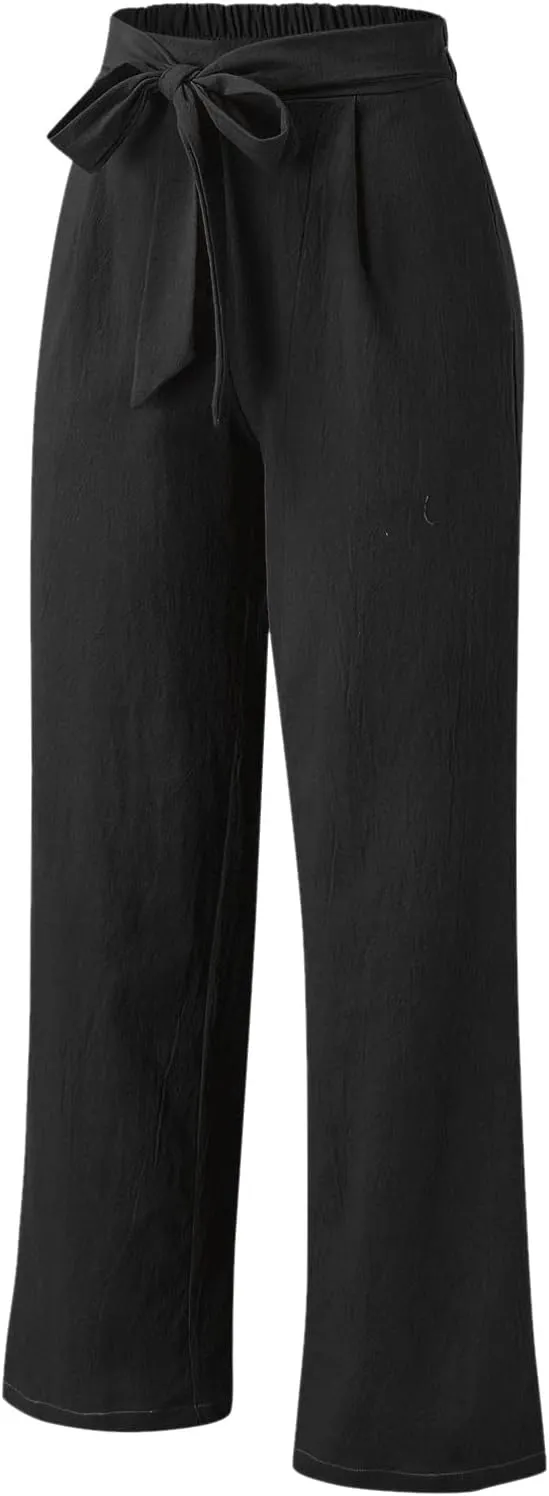 Womens Linen Summer Trendy Pants High Waist Straight Slim Fit Pants Beach