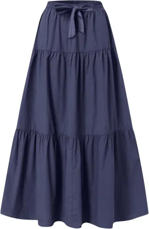 Women's Summer Flowy Swing Midi Skirts Boho High Elastic Waist Fake Drawstring Floral Print A line Casual Cute Skirt