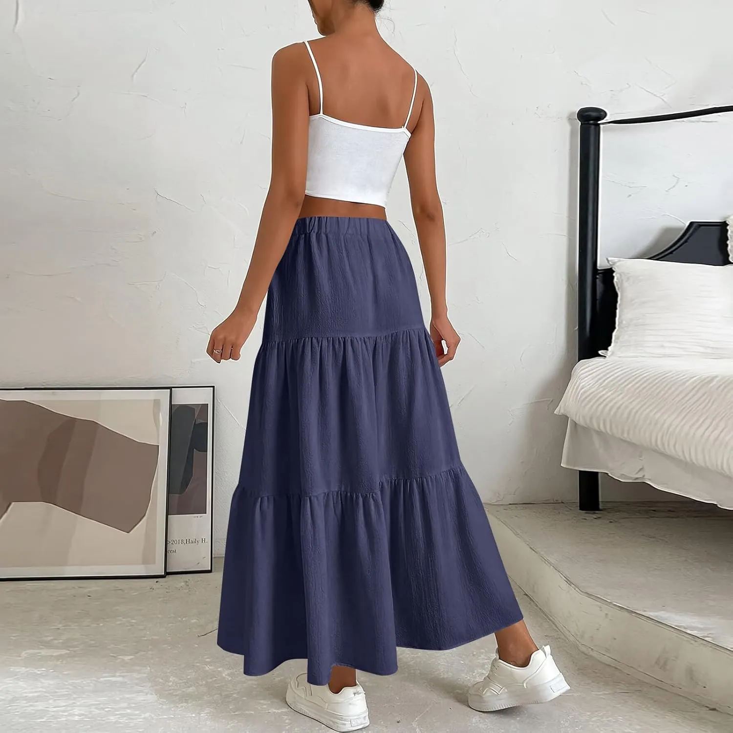 Women's Summer Flowy Swing Midi Skirts Boho High Elastic Waist Fake Drawstring Floral Print A line Casual Cute Skirt