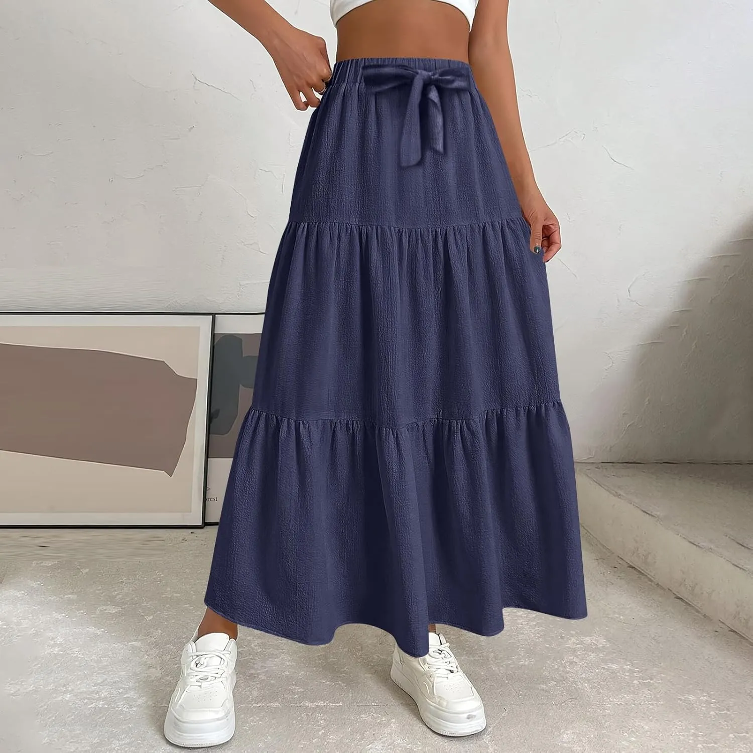 Women's Summer Flowy Swing Midi Skirts Boho High Elastic Waist Fake Drawstring Floral Print A line Casual Cute Skirt