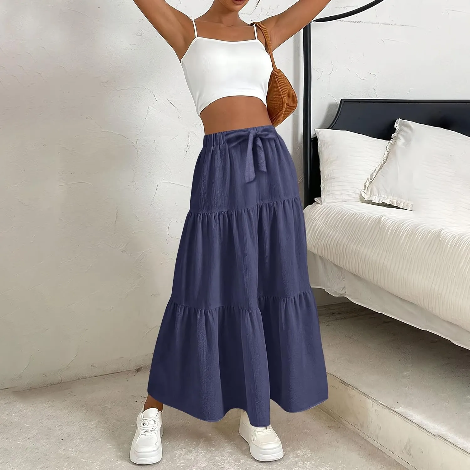Women's Summer Flowy Swing Midi Skirts Boho High Elastic Waist Fake Drawstring Floral Print A line Casual Cute Skirt
