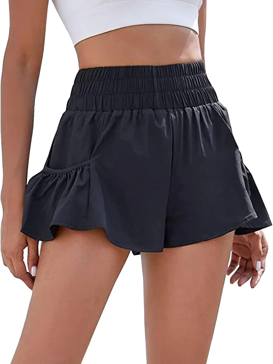 Womens Track Shorts Elastic High Waisted Running Sports Sweat Shorts with Pockets Workout Athletic Lounge Flounce Short Pants