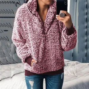 Zipper Up Pockets Winter Loose Teddy Hoodie