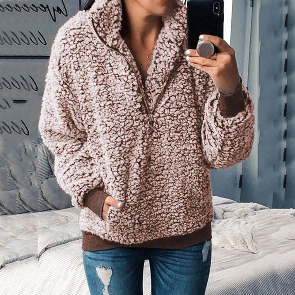 Zipper Up Pockets Winter Loose Teddy Hoodie
