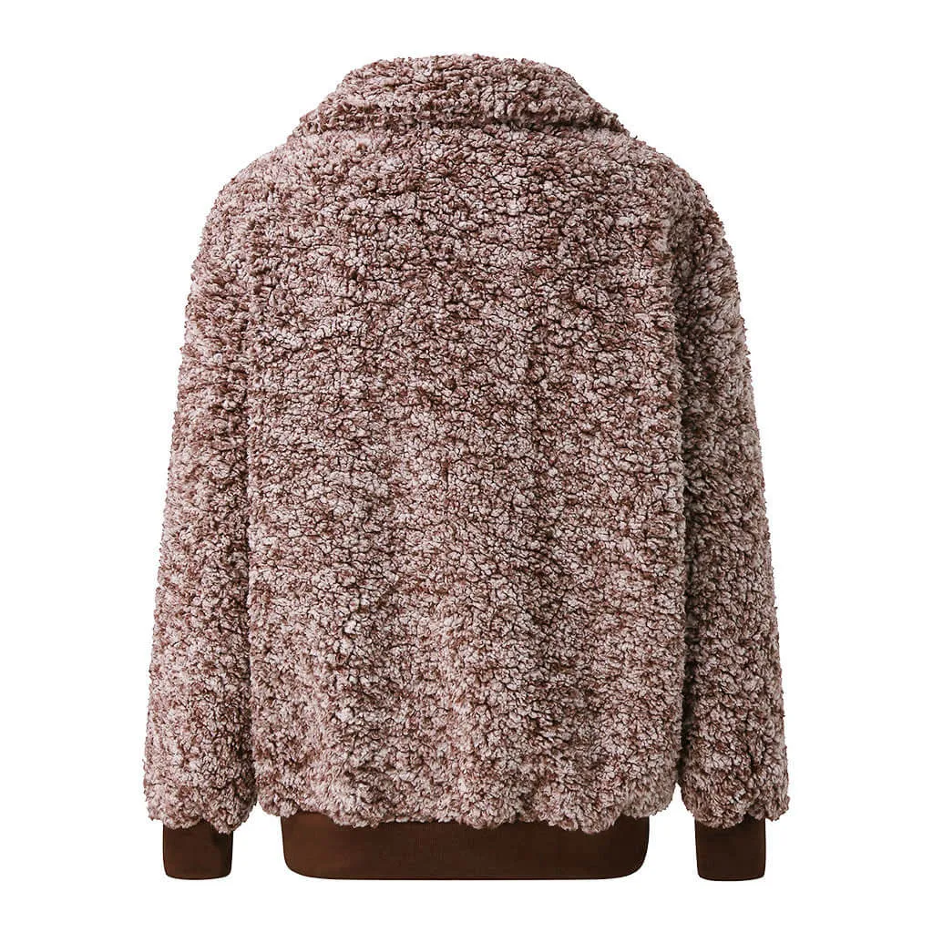 Zipper Up Pockets Winter Loose Teddy Hoodie